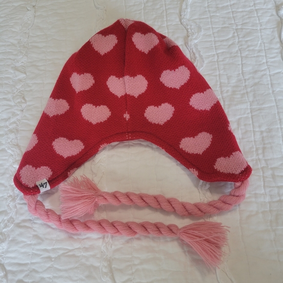 '47 Official NHL Carolina Hurricanes Knit Hat Kids Red With Pink Hearts & Braids - Picture 4 of 14